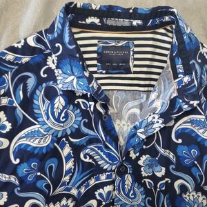 DENIM & FLOWER RICKY SINGH Men Blue Paisley Print Short Sleeve Button Up Shirt L